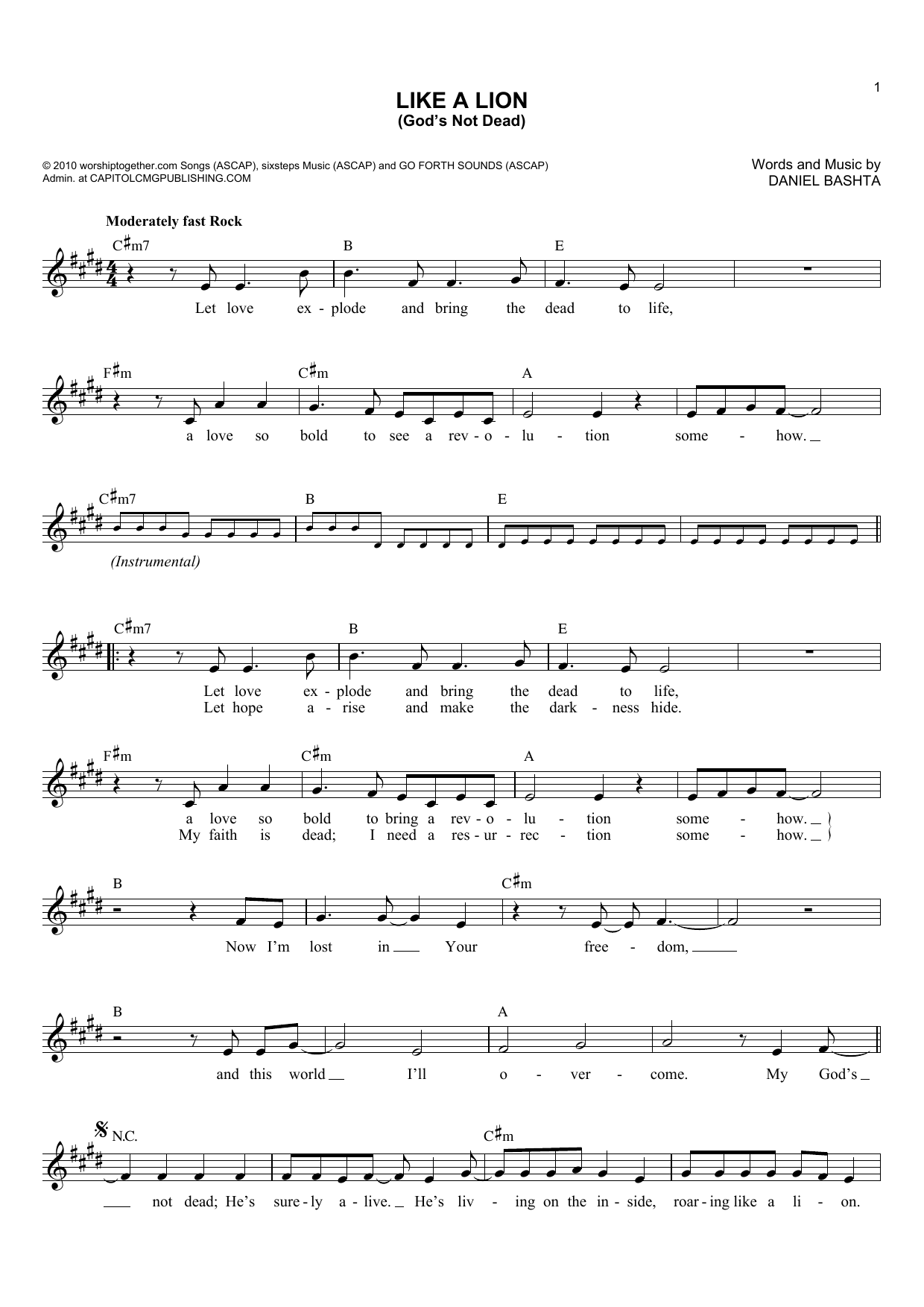 Daniel Bashta Like A Lion (God's Not Dead) Sheet Music Notes & Chords for Melody Line, Lyrics & Chords - Download or Print PDF