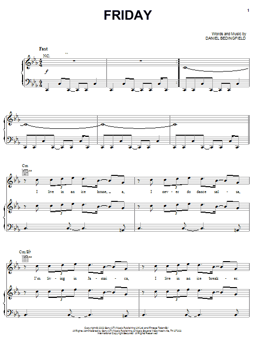 Daniel Bedingfield Friday Sheet Music Notes & Chords for Piano, Vocal & Guitar (Right-Hand Melody) - Download or Print PDF