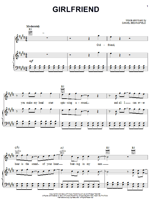 Daniel Bedingfield Girlfriend Sheet Music Notes & Chords for Piano, Vocal & Guitar (Right-Hand Melody) - Download or Print PDF