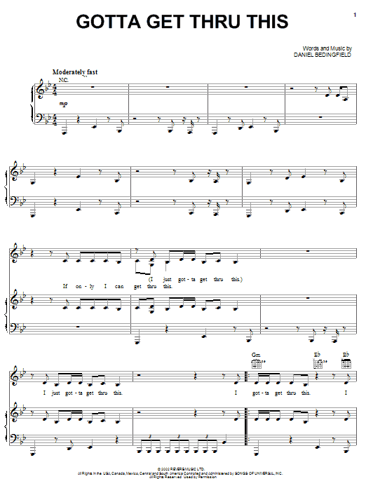 Daniel Bedingfield Gotta Get Thru This Sheet Music Notes & Chords for Piano, Vocal & Guitar - Download or Print PDF