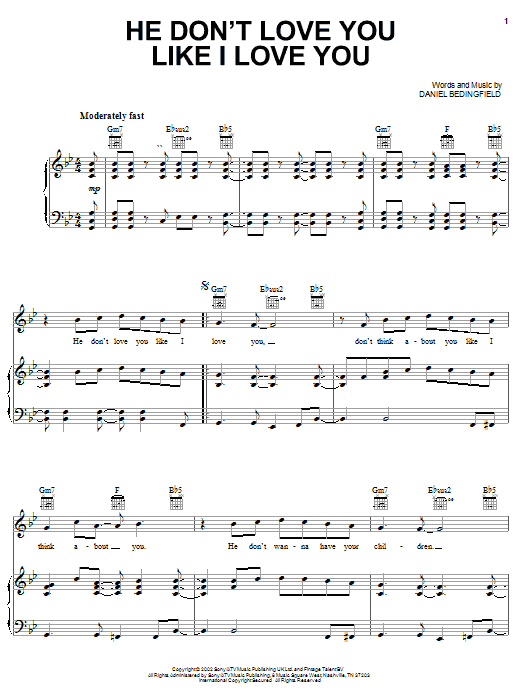 Daniel Bedingfield He Don't Love You Like I Love You Sheet Music Notes & Chords for Piano, Vocal & Guitar (Right-Hand Melody) - Download or Print PDF