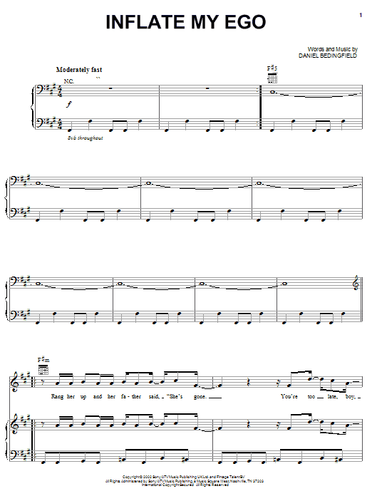 Daniel Bedingfield Inflate My Ego Sheet Music Notes & Chords for Piano, Vocal & Guitar (Right-Hand Melody) - Download or Print PDF