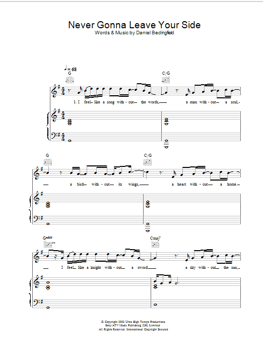 Daniel Bedingfield Never Gonna Leave Your Side Sheet Music Notes & Chords for Piano, Vocal & Guitar - Download or Print PDF