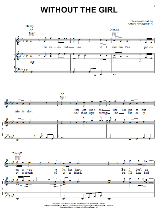 Daniel Bedingfield Without The Girl Sheet Music Notes & Chords for Piano, Vocal & Guitar (Right-Hand Melody) - Download or Print PDF