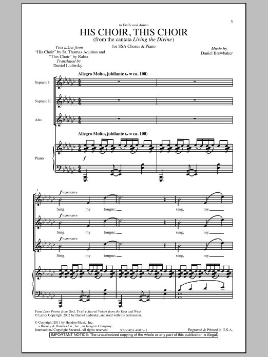 Daniel Brewbaker His Choir, This Choir Sheet Music Notes & Chords for SSA - Download or Print PDF