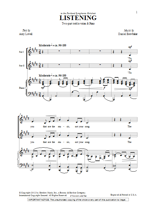 Daniel Brewbaker Listening Sheet Music Notes & Chords for 2-Part Choir - Download or Print PDF Daniel Brewbaker Listening Sheet Music Notes & Chords for 2-Part Choir - Download or Print PDF