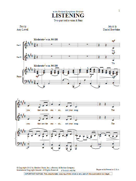 Daniel Brewbaker Listening Sheet Music Notes & Chords for 2-Part Choir - Download or Print PDF