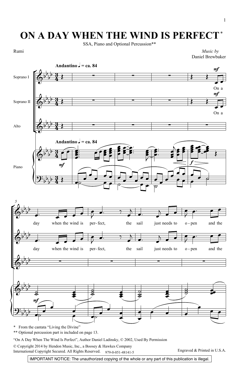 Daniel Brewbaker On A Day When The Wind Is Perfect Sheet Music Notes & Chords for SSA Choir - Download or Print PDF