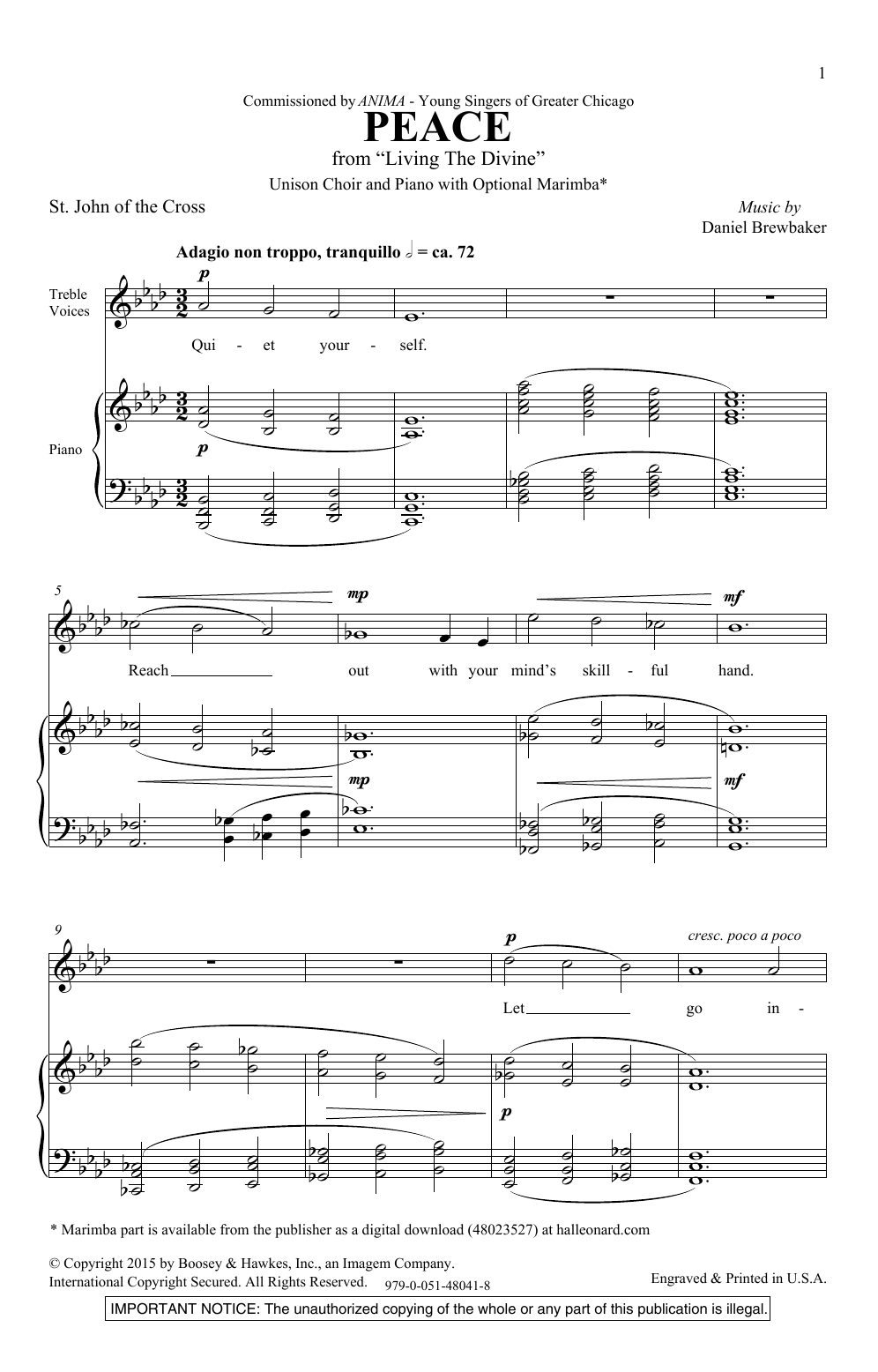 Daniel Brewbaker Peace Sheet Music Notes & Chords for Unison Choral - Download or Print PDF