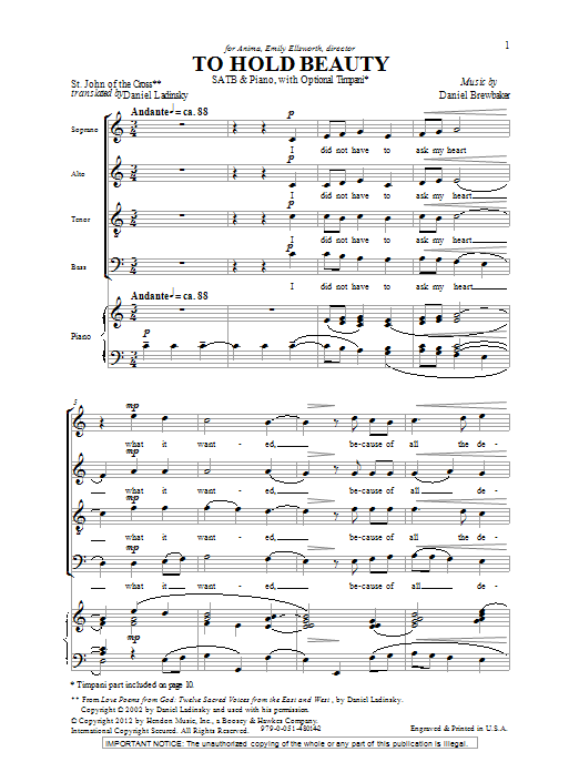 Daniel Brewbaker To Hold Beauty Sheet Music Notes & Chords for SATB - Download or Print PDF