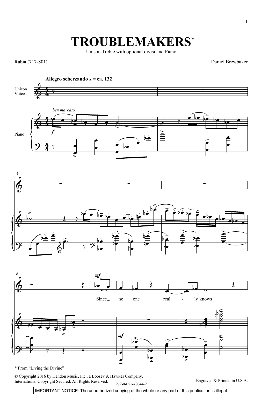 Daniel Brewbaker Troublemakers Sheet Music Notes & Chords for Unison Choral - Download or Print PDF