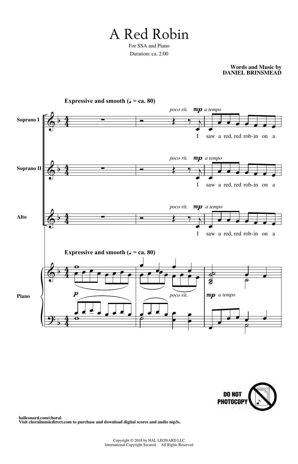 Daniel Brinsmead A Red Robin Sheet Music Notes & Chords for SSA Choir - Download or Print PDF