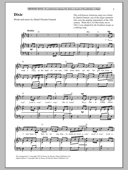 Daniel Decatur Emmett Dixie Sheet Music Notes & Chords for Piano - Download or Print PDF