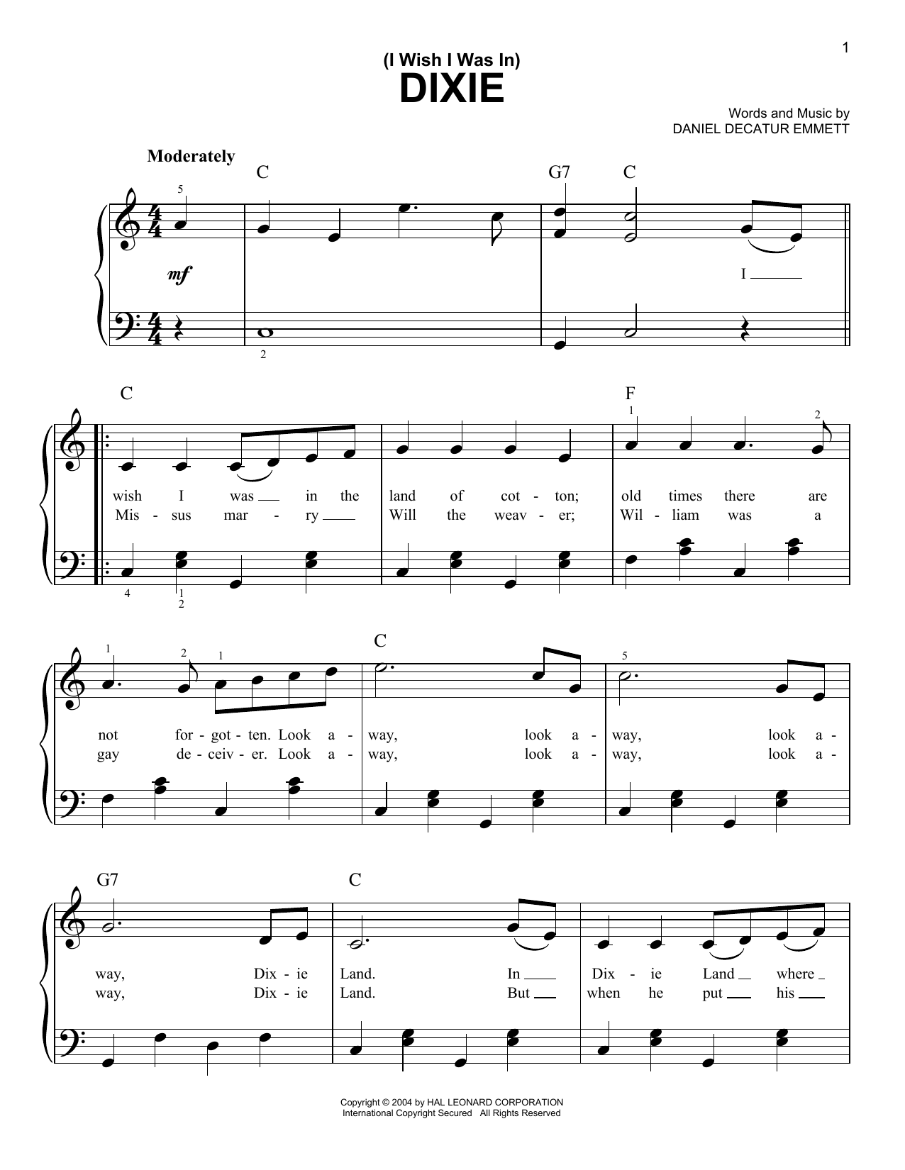 Daniel Decatur Emmett (I Wish I Was In) Dixie Sheet Music Notes & Chords for Melody Line, Lyrics & Chords - Download or Print PDF