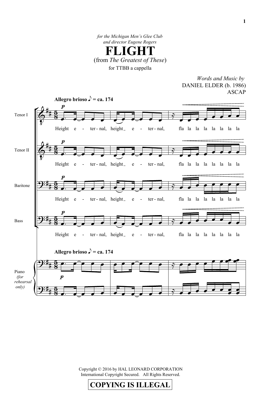 Daniel Elder Flight Sheet Music Notes & Chords for TTBB - Download or Print PDF