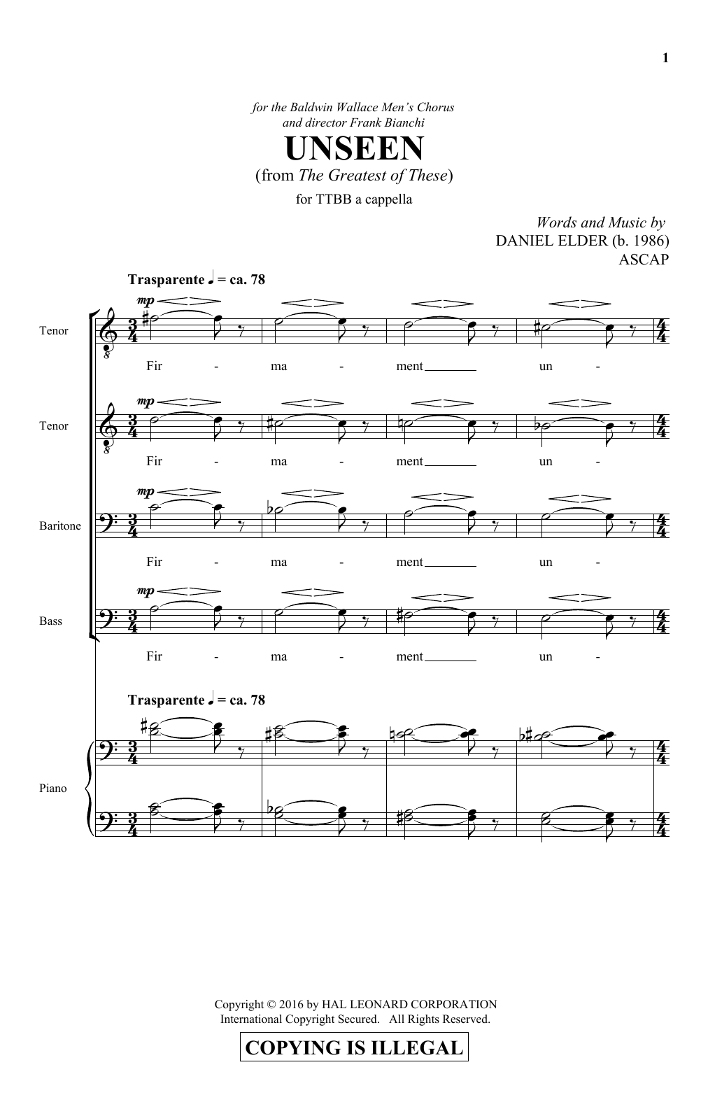 Daniel Elder Unseen Sheet Music Notes & Chords for TTBB - Download or Print PDF