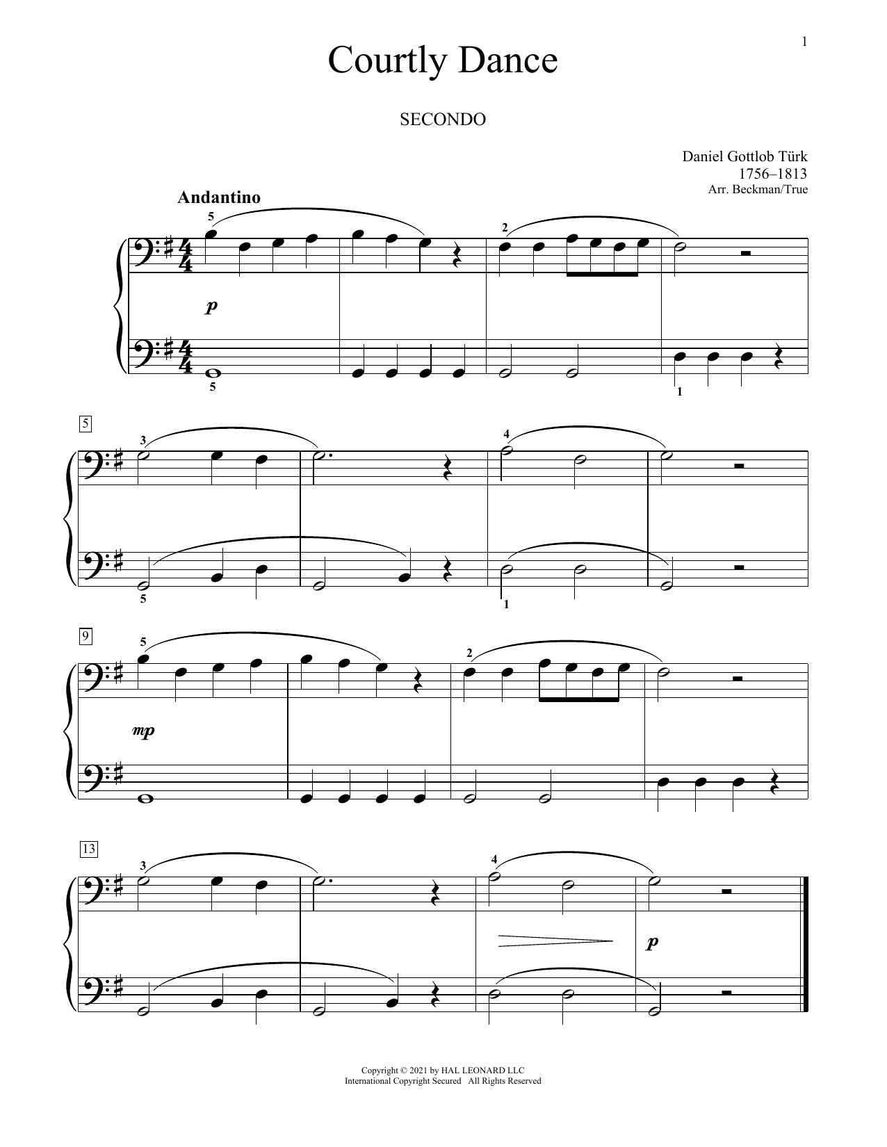 Daniel Gottlob Turk Courtly Dance Sheet Music Notes & Chords for Piano Duet - Download or Print PDF