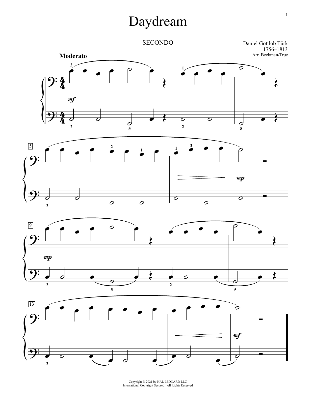 Daniel Gottlob Turk Daydream Sheet Music Notes & Chords for Piano Duet - Download or Print PDF