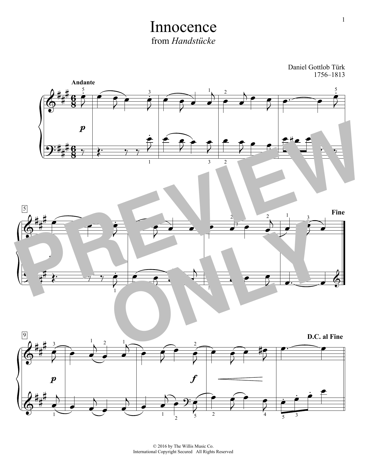 Daniel Gottlob Türk Innocence Sheet Music Notes & Chords for Educational Piano - Download or Print PDF