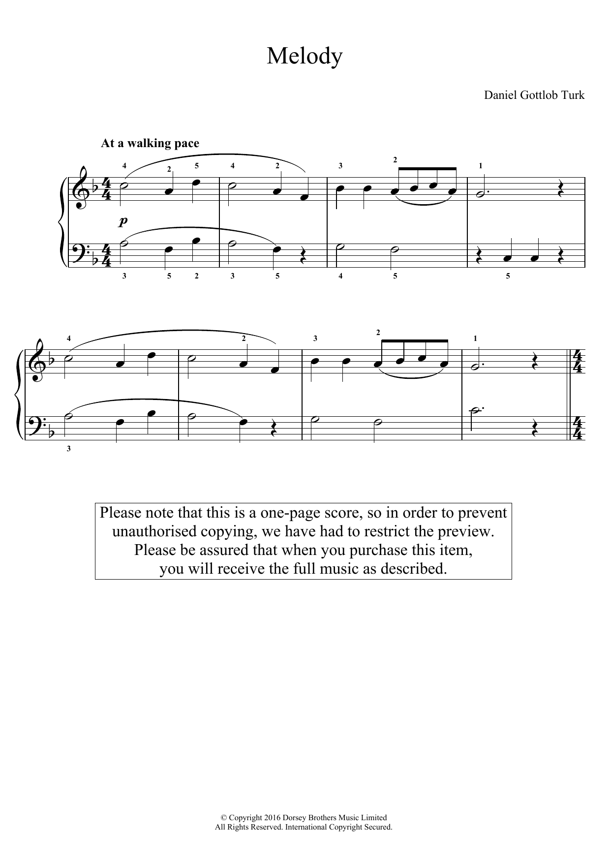 Daniel Gottlob Türk Melody Sheet Music Notes & Chords for Easy Piano - Download or Print PDF