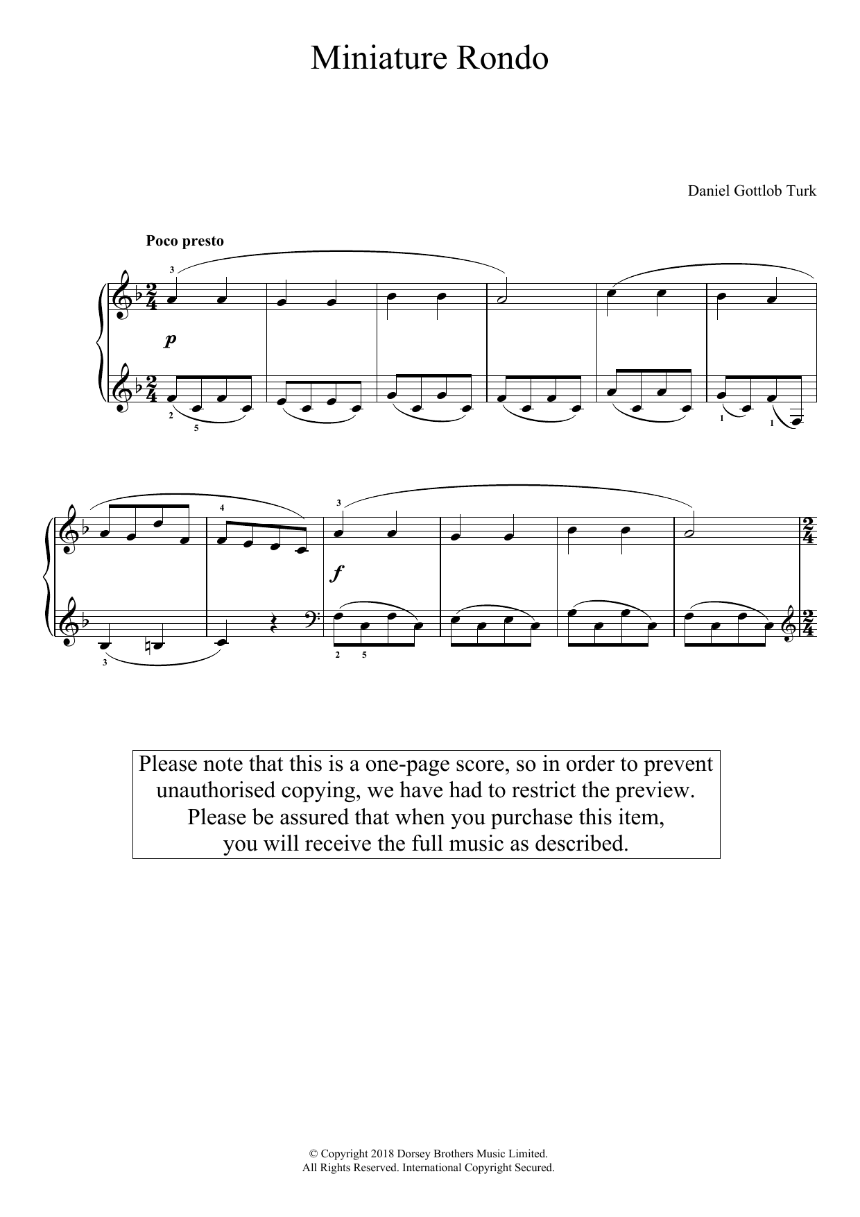 Daniel Gottlob Türk Miniature Rondo Sheet Music Notes & Chords for Piano - Download or Print PDF