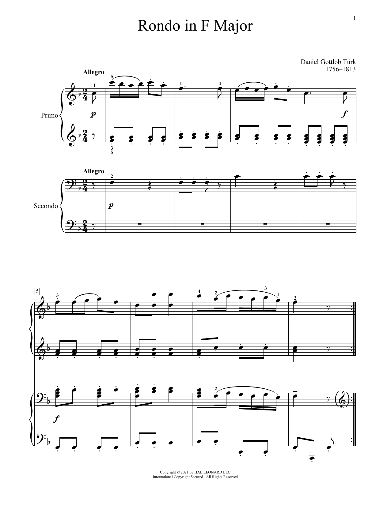 Daniel Gottlob Turk Rondo In F Major Sheet Music Notes & Chords for Piano Duet - Download or Print PDF