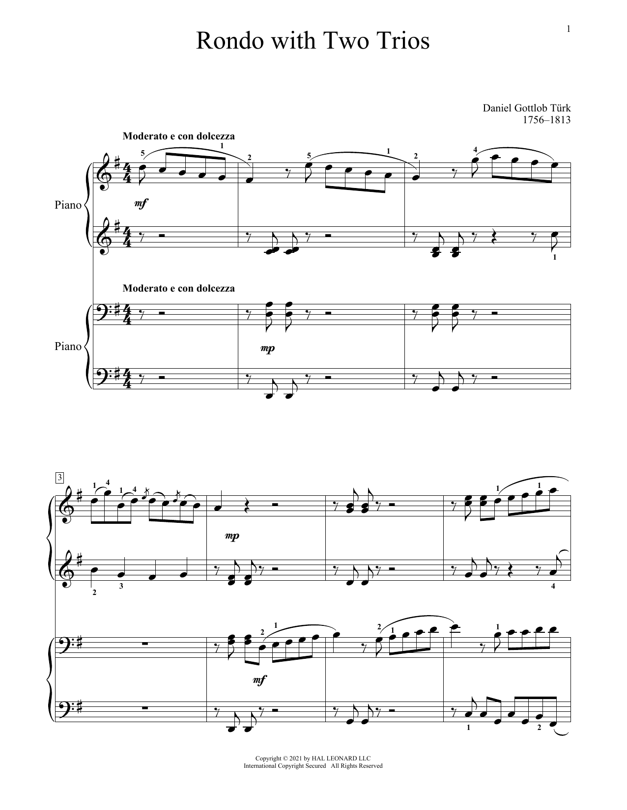 Daniel Gottlob Turk Rondo With Two Trios Sheet Music Notes & Chords for Piano Duet - Download or Print PDF