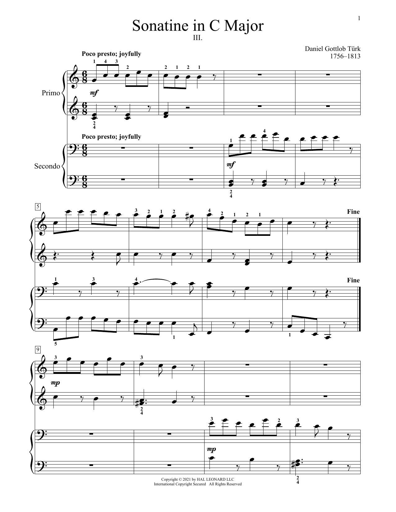 Daniel Gottlob Turk Sonatine In C Major Sheet Music Notes & Chords for Piano Duet - Download or Print PDF