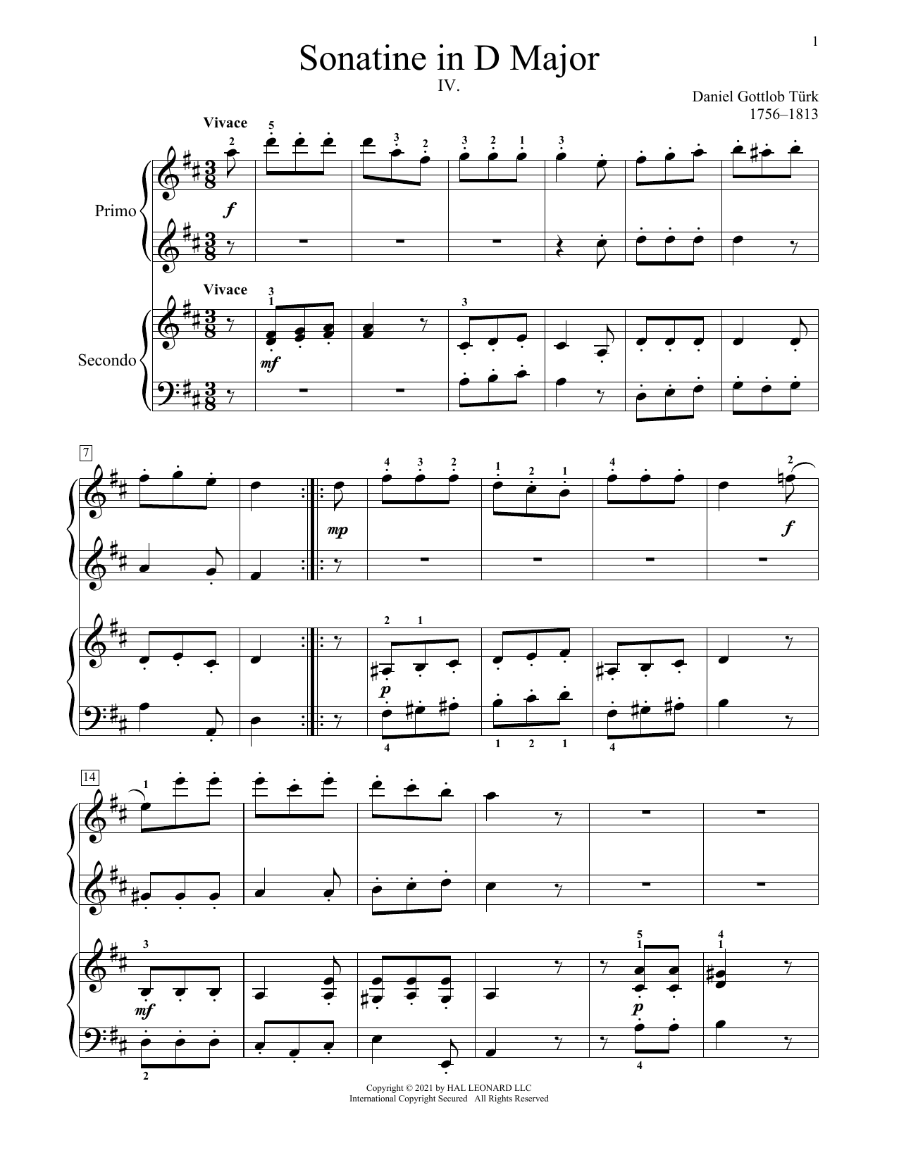 Daniel Gottlob Turk Sonatine In D Major Sheet Music Notes & Chords for Piano Duet - Download or Print PDF