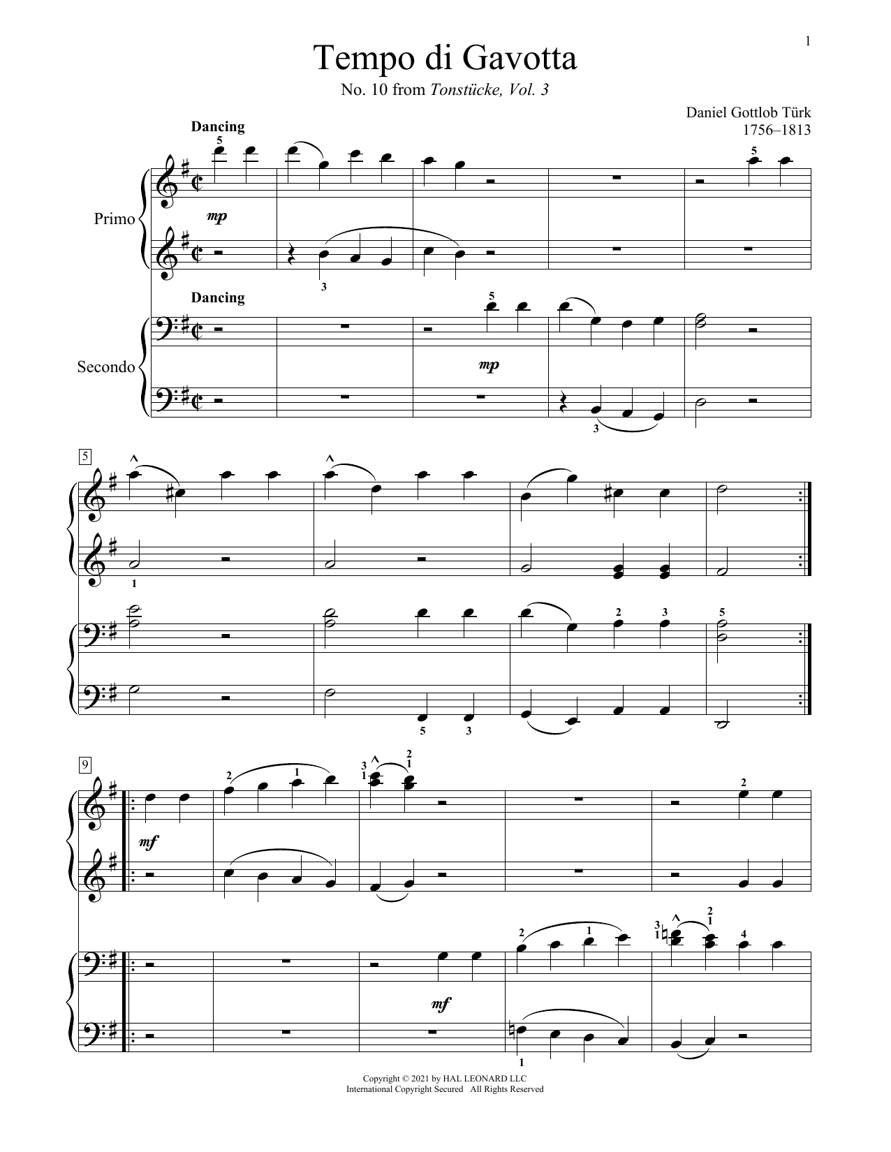 Daniel Gottlob Turk Tempo Di Gavotta (From Tonstucke, Vol. 3, No. 10) Sheet Music Notes & Chords for Piano Duet - Download or Print PDF