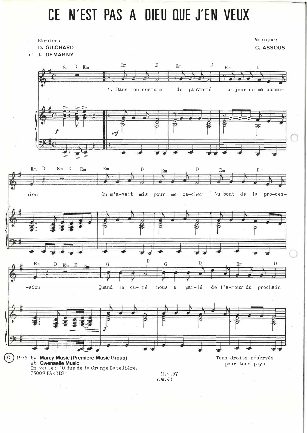 Daniel Guichard Ce n'est pas à Dieu que j'en veux Sheet Music Notes & Chords for Piano & Vocal - Download or Print PDF
