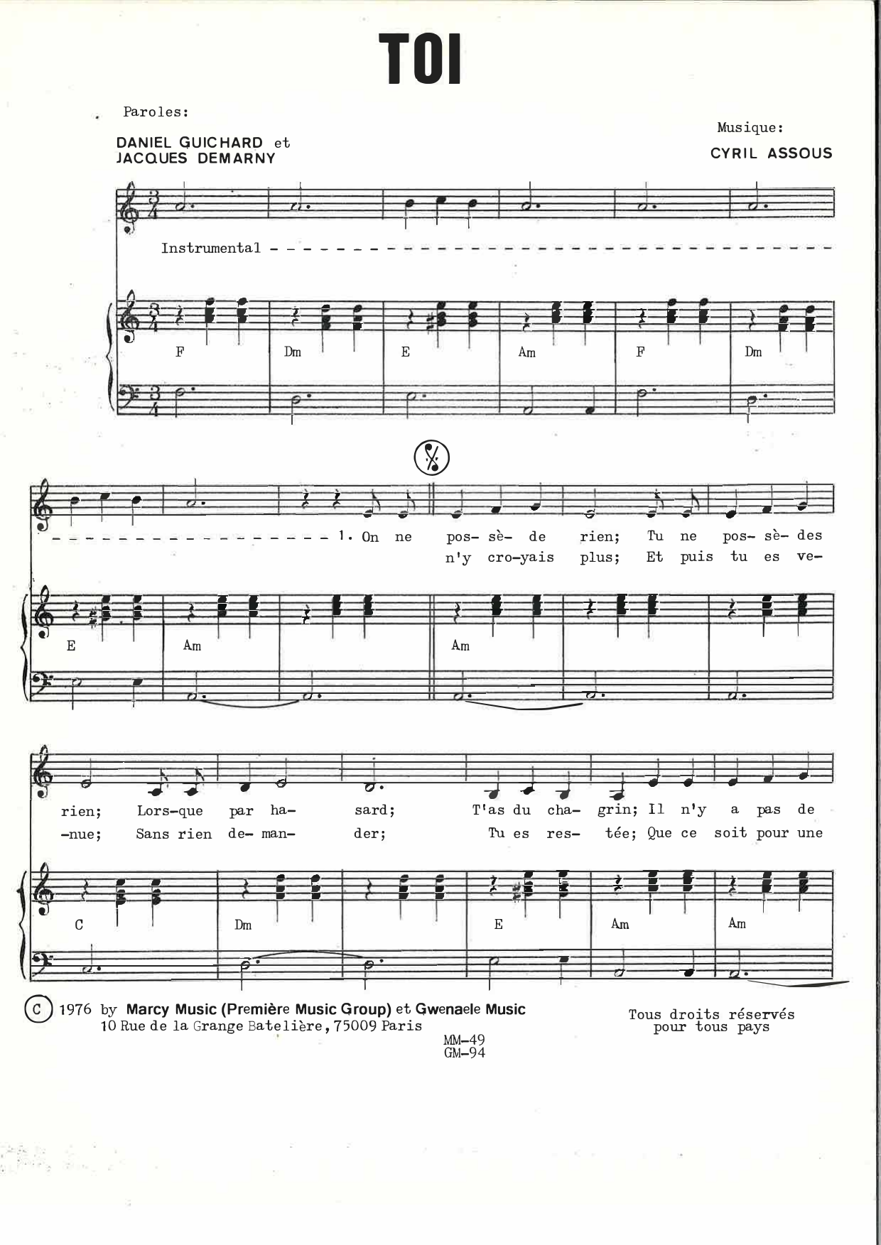 Daniel Guichard Toi Sheet Music Notes & Chords for Piano & Vocal - Download or Print PDF