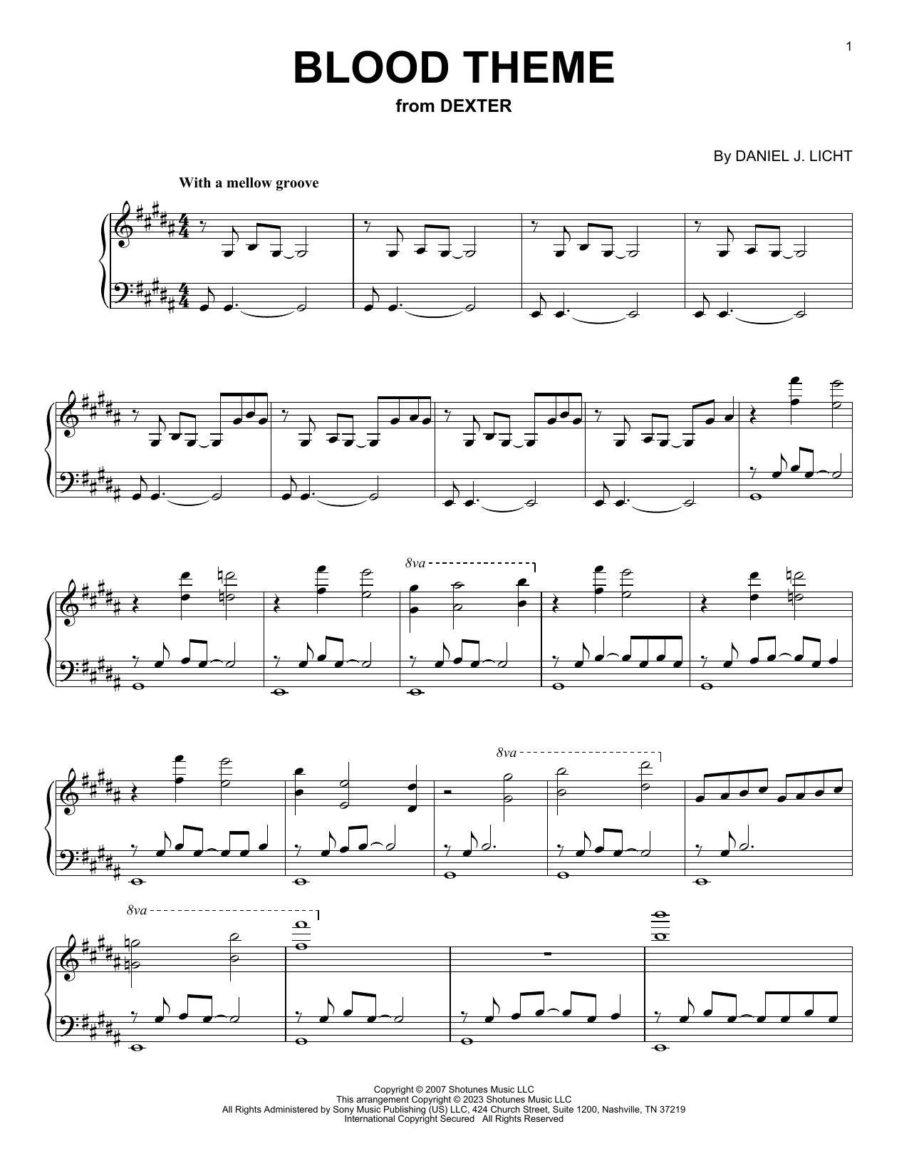 Daniel J. Licht Blood Theme (from Dexter) Sheet Music Notes & Chords for Piano Solo - Download or Print PDF