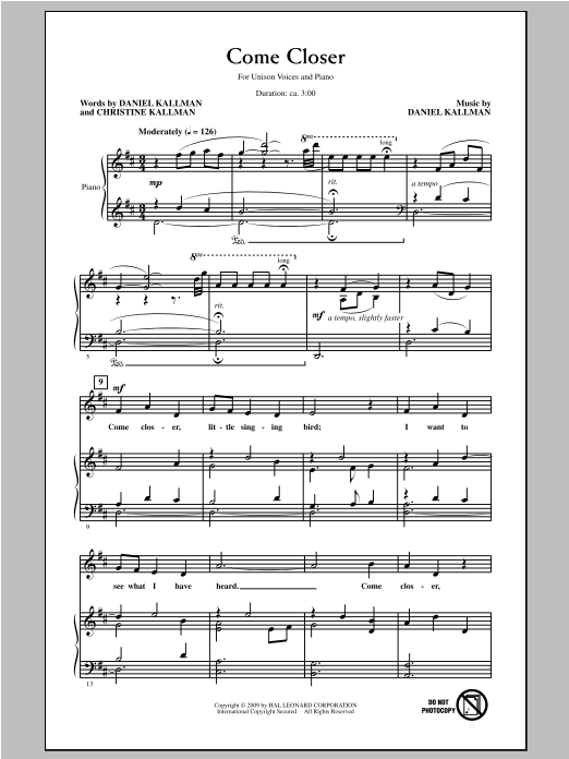 Daniel Kallman Come Closer Sheet Music Notes & Chords for Unison Choral - Download or Print PDF