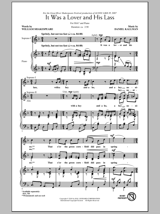 Daniel Kallman It Was A Lover And His Lass Sheet Music Notes & Chords for TB - Download or Print PDF