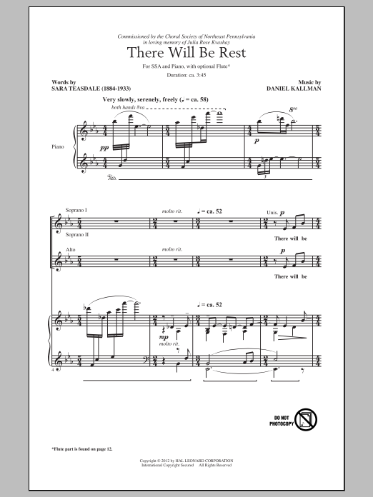 Daniel Kallman There Will Be Rest Sheet Music Notes & Chords for SSA - Download or Print PDF