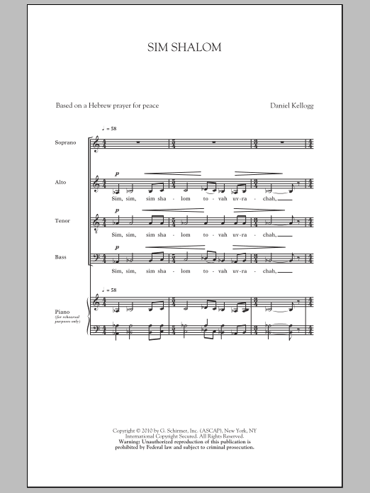 Daniel Kellogg Sim Shalom Sheet Music Notes & Chords for SATB - Download or Print PDF
