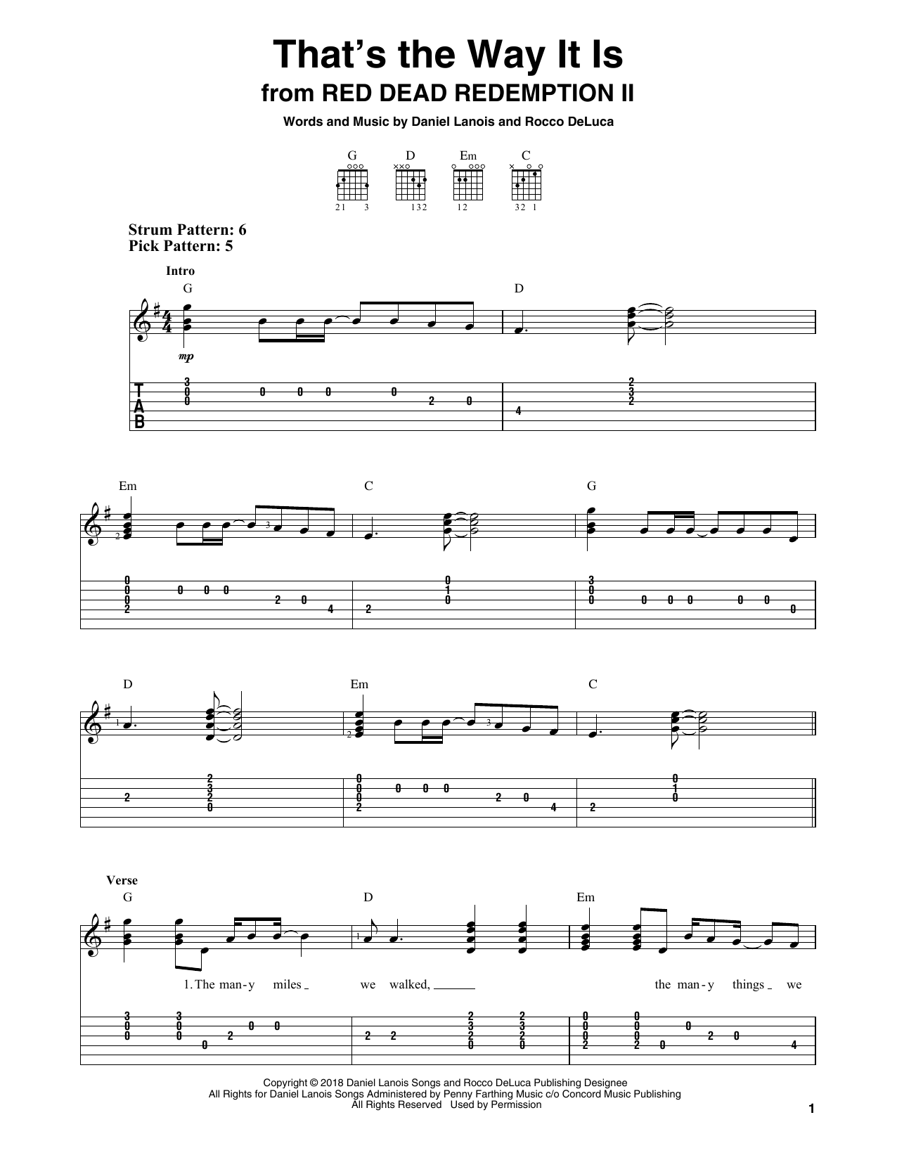 Daniel Lanois and Rocco DeLuca That's The Way It Is (from Red Dead Redemption II) Sheet Music Notes & Chords for Solo Guitar Tab - Download or Print PDF