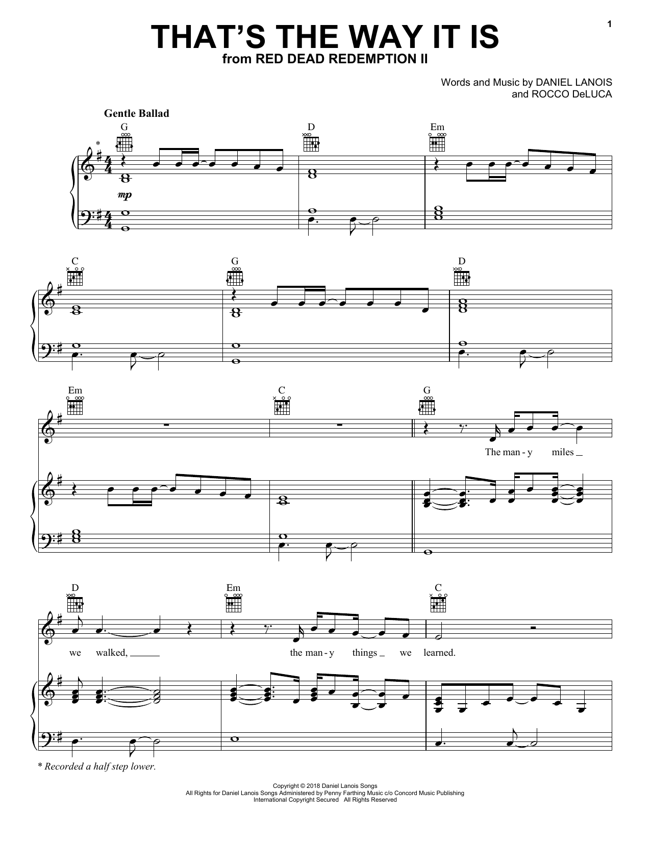 Daniel Lanois That's The Way It Is (from Red Dead Redemption 2) Sheet Music Notes & Chords for Piano, Vocal & Guitar (Right-Hand Melody) - Download or Print PDF