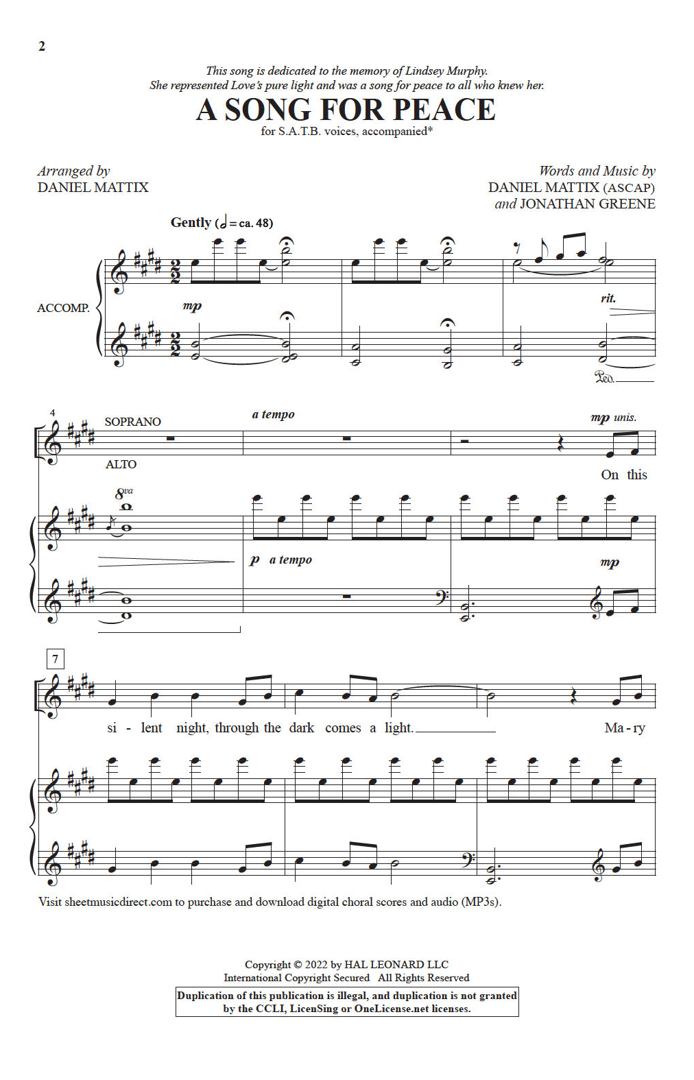 Daniel Mattix and Jonathan Greene A Song For Peace (arr. Daniel Mattix) Sheet Music Notes & Chords for SATB Choir - Download or Print PDF