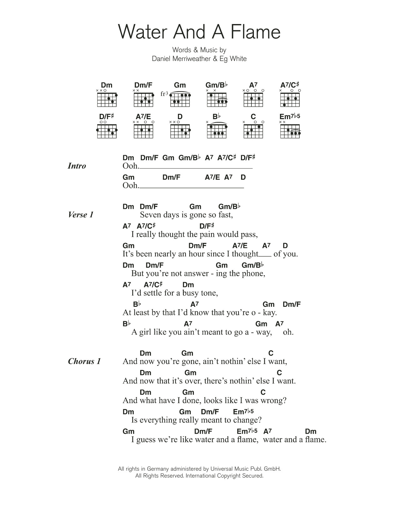 Daniel Merriweather Water And A Flame (featuring Adele) Sheet Music Notes & Chords for Guitar Chords/Lyrics - Download or Print PDF
