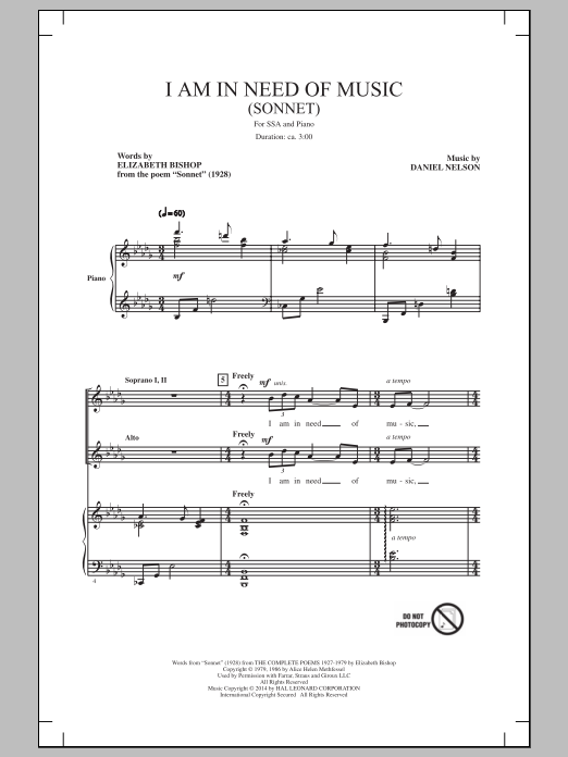 Daniel Nelson I Am In Need Of Music (Sonnet) Sheet Music Notes & Chords for SSA - Download or Print PDF