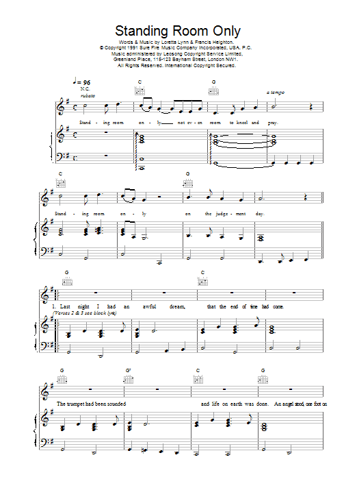 Daniel O'Donnell Standing Room Only Sheet Music Notes & Chords for Piano, Vocal & Guitar (Right-Hand Melody) - Download or Print PDF