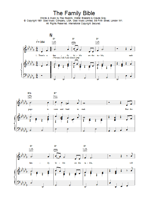 Daniel O'Donnell The Family Bible Sheet Music Notes & Chords for Piano, Vocal & Guitar (Right-Hand Melody) - Download or Print PDF