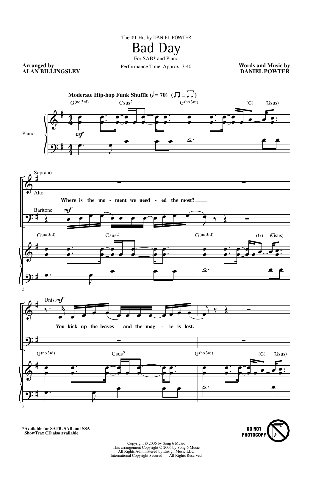 Daniel Powter Bad Day (arr. Alan Billingsley) Sheet Music Notes & Chords for SSA Choir - Download or Print PDF