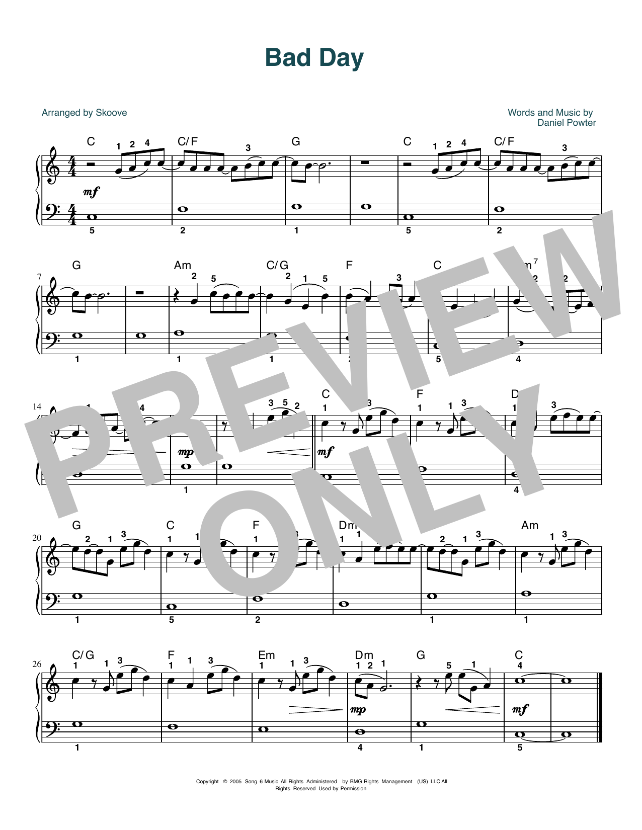 Daniel Powter Bad Day (arr. Skoove) Sheet Music Notes & Chords for Beginner Piano (Abridged) - Download or Print PDF