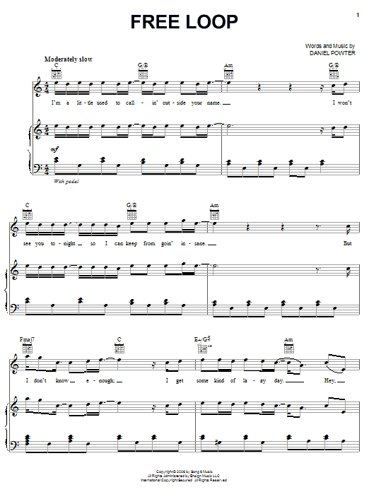 Daniel Powter Free Loop Sheet Music Notes & Chords for Piano, Vocal & Guitar (Right-Hand Melody) - Download or Print PDF