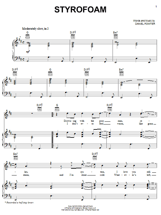 Daniel Powter Styrofoam Sheet Music Notes & Chords for Piano, Vocal & Guitar (Right-Hand Melody) - Download or Print PDF