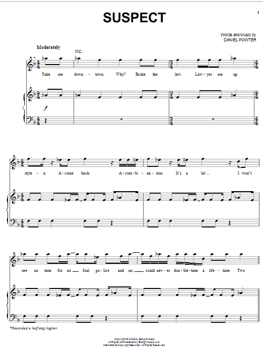 Daniel Powter Suspect Sheet Music Notes & Chords for Piano, Vocal & Guitar (Right-Hand Melody) - Download or Print PDF
