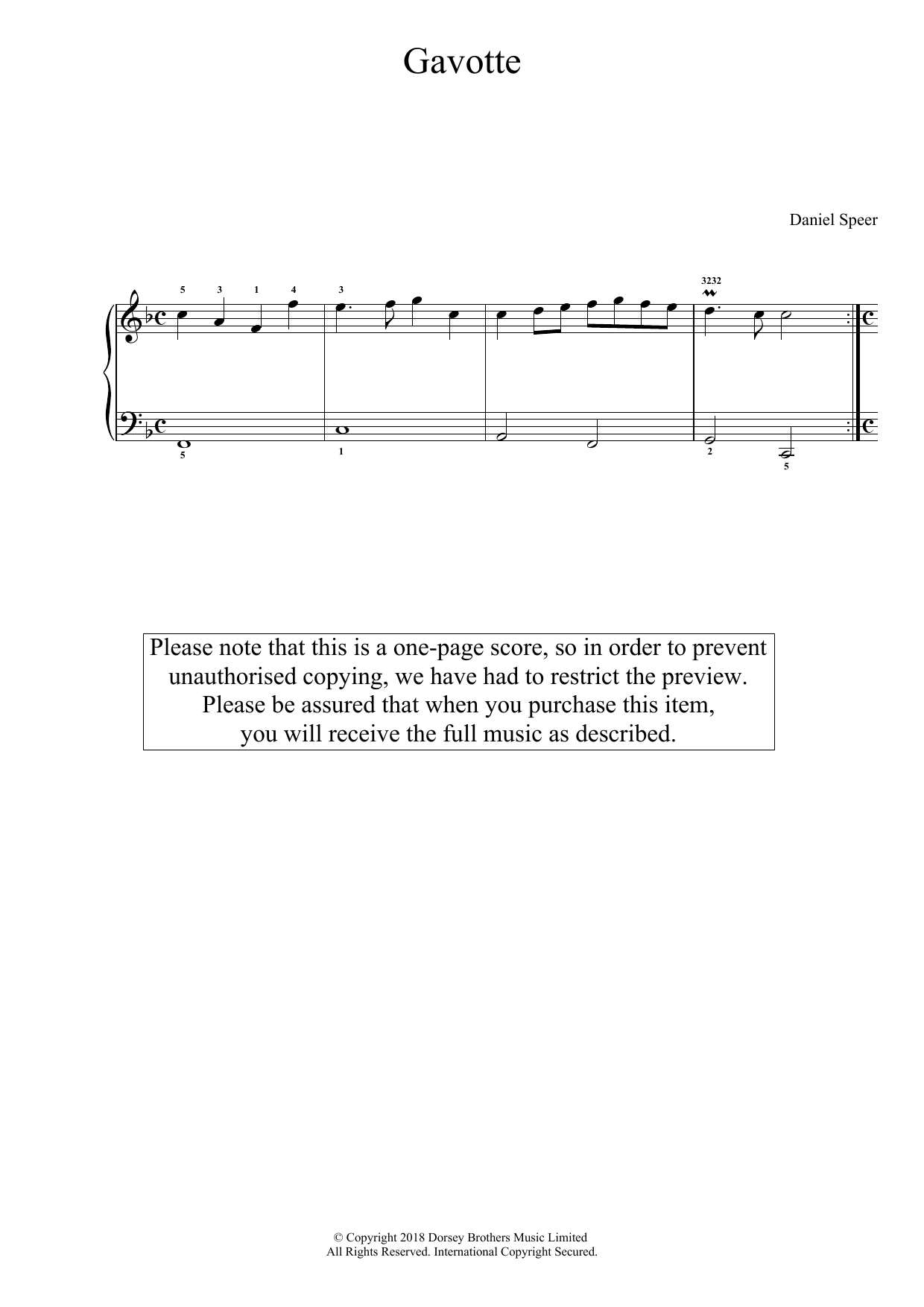 Daniel Speer Gavotte Sheet Music Notes & Chords for Easy Piano - Download or Print PDF